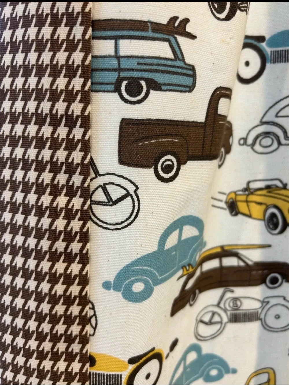 84” Custom Made Printed Car Pattern Window Curtain Panels in Teal and Cream